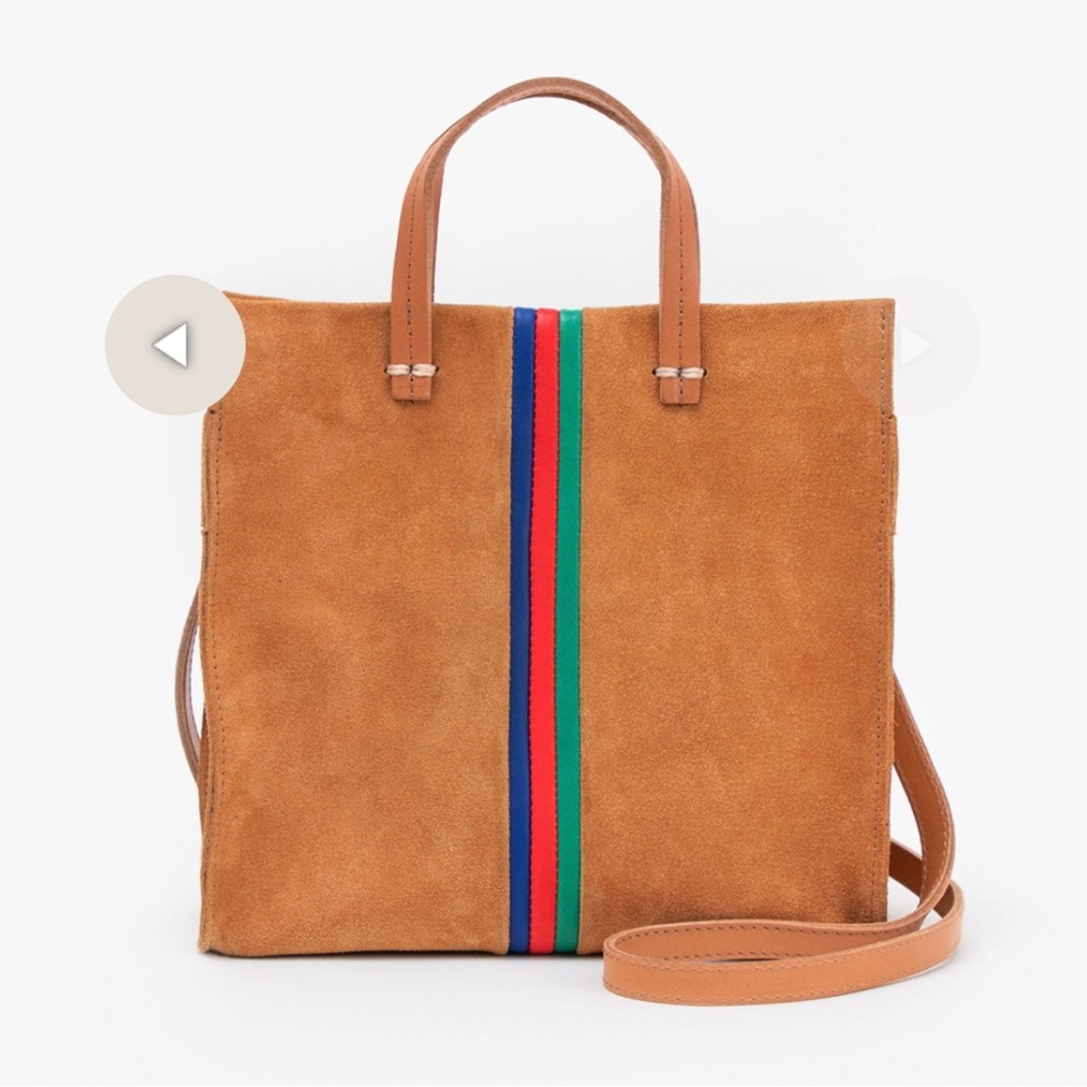 NWT Clare V petit Camel Suede Tote with Emerald, Cherry, and Navy Stripes
